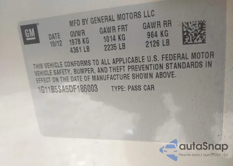 2013 Chevrolet Malibu 1Ls z USA, uszkodzony, nr VIN 1G11B5SA5DF186003